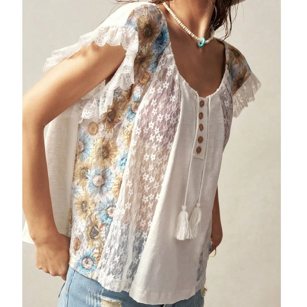 Boho Floral Print Button Detail Lace Ruffle Sleeve Cotton Top - Picture 5 of 6